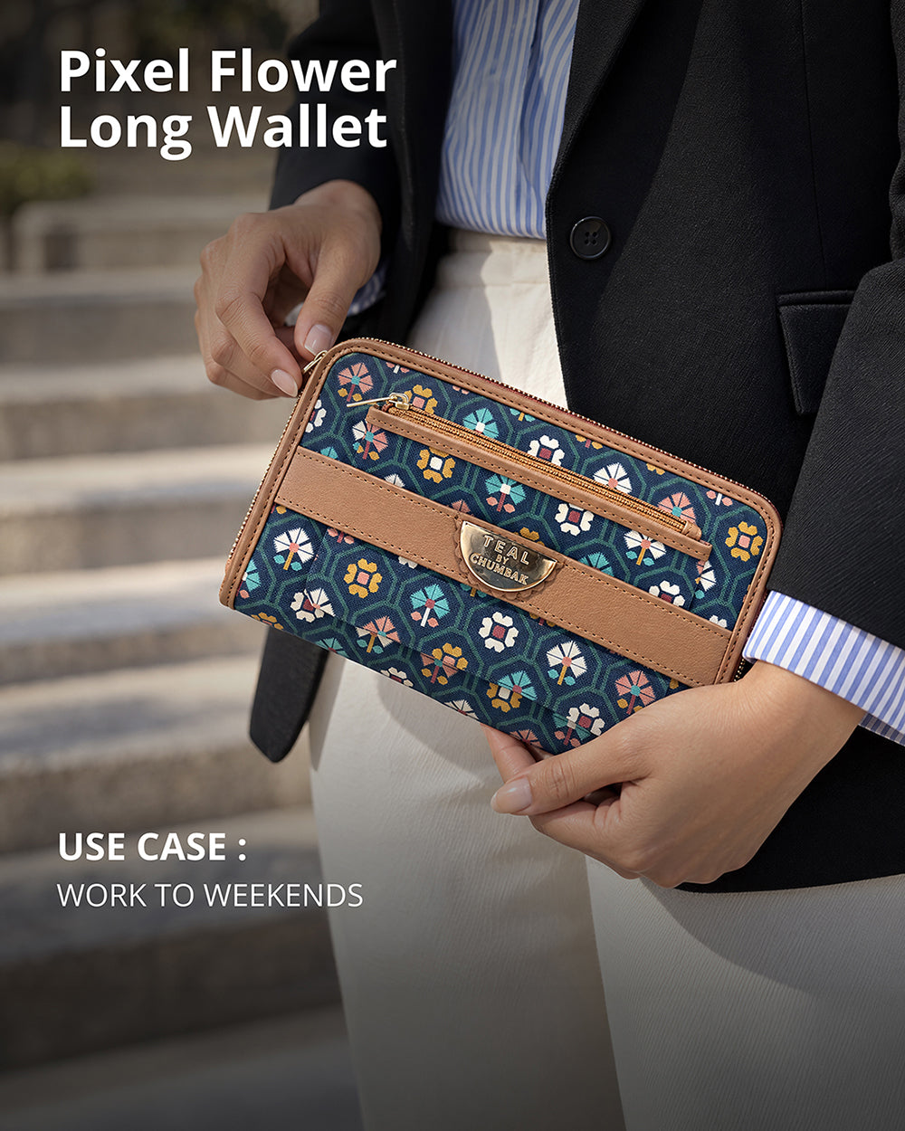 Teal by Chumbak Pixel Flower Long Wallet