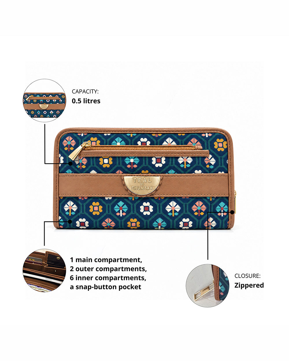 Teal by Chumbak Pixel Flower Long Wallet