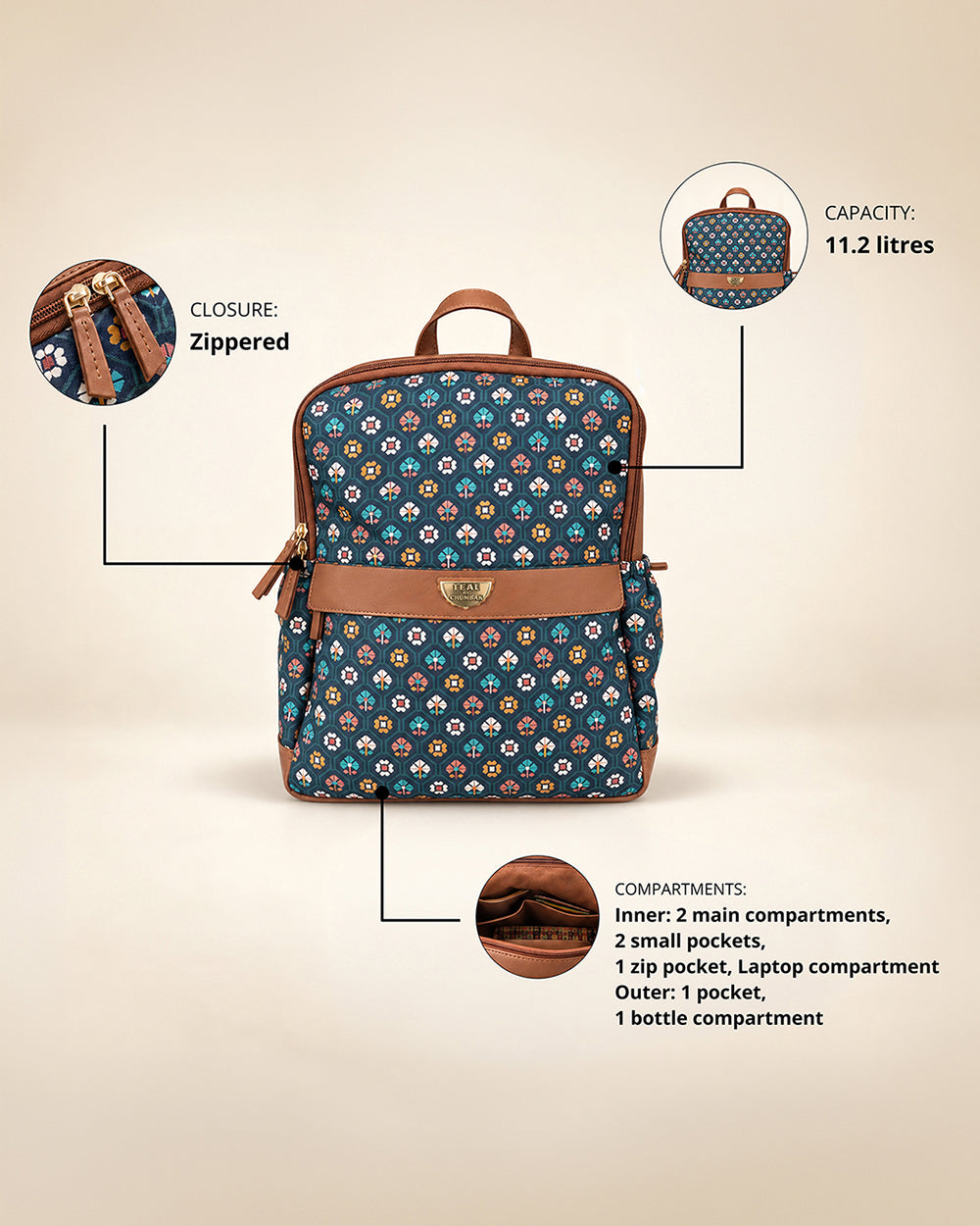 Teal by Chumbak Pixel Flower Double Zip Laptop Backpack