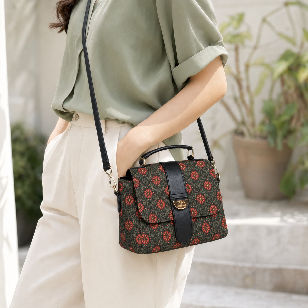 Teal by Chumbak Crimson Phool Duffle Crossbody Bag