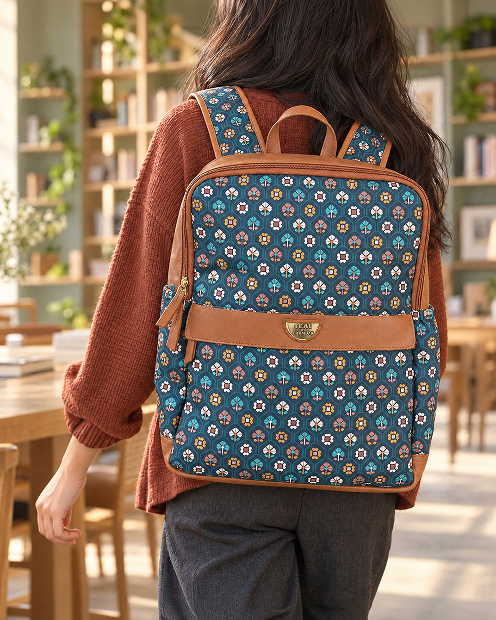 Teal by Chumbak Pixel Flower Double Zip Laptop Backpack