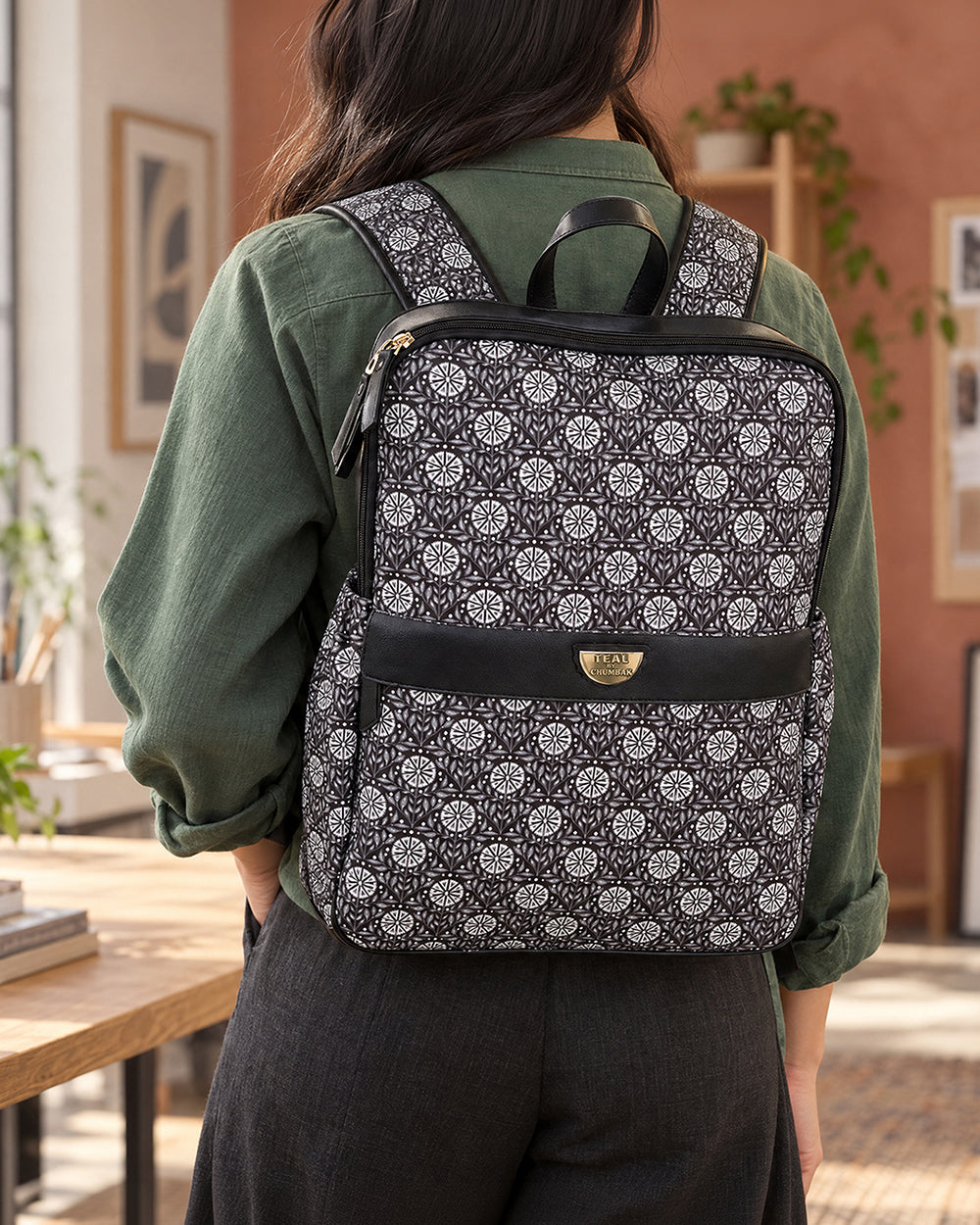Teal by Chumbak Midnight Phool Double Zip Laptop Backpack