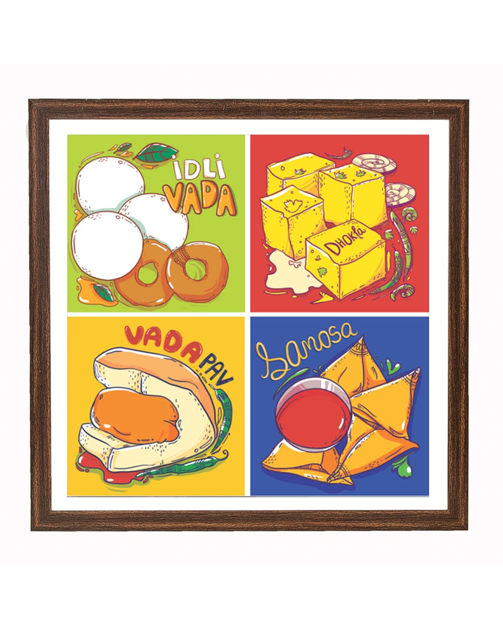 Chumbak Four Food Art Print with Brown Frame M (20x20  Inches)