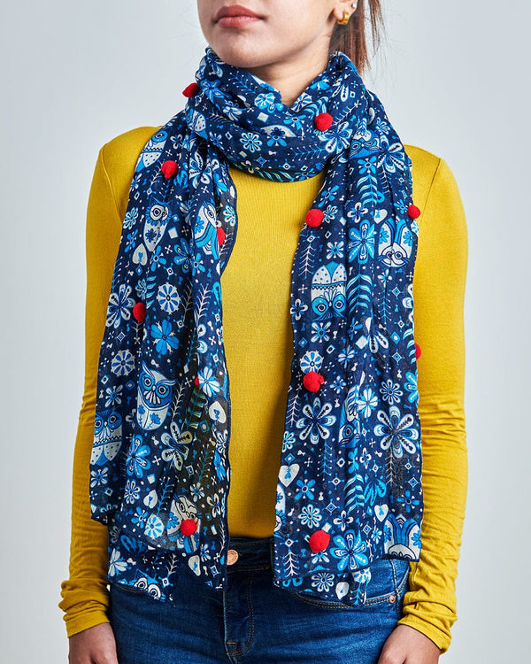 Chumbak Classic Chumbak Owl Pom-pom Scarf ' Navy Blue