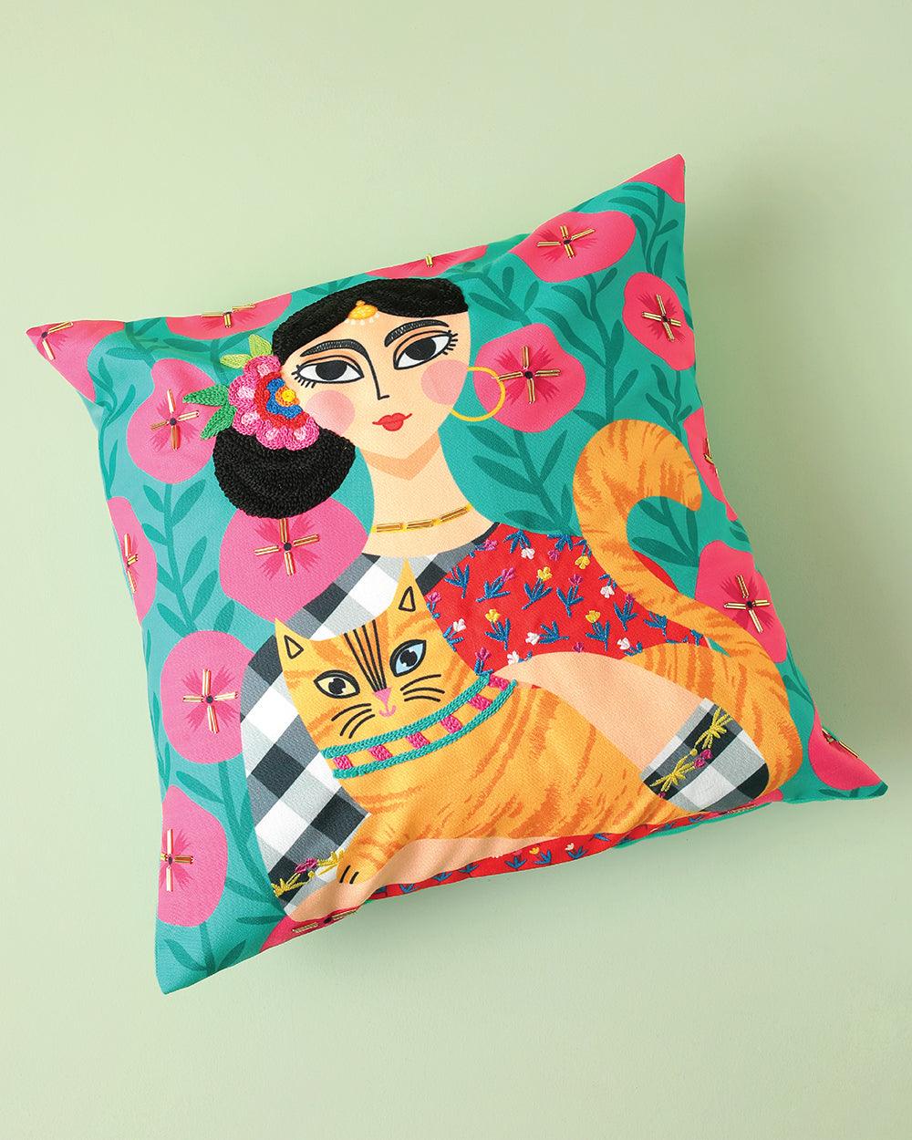 Chumbak Cat Lady 16” Cushion Cover