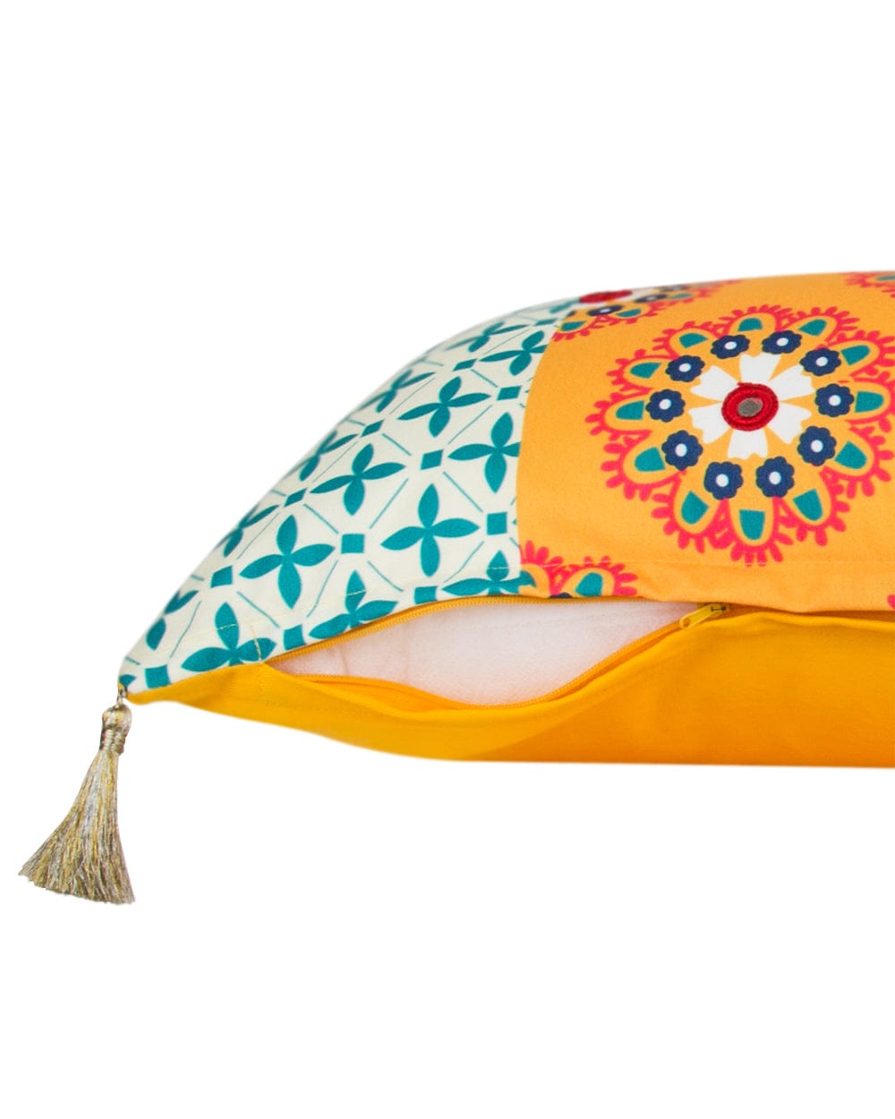 Chumbak Ornate Patchwork Lumbar Pillow Cover - Yellow