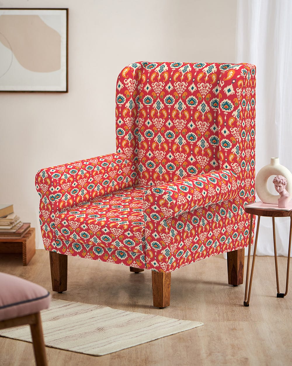 Chumbak Begum Wing Chair - Red Ikkat