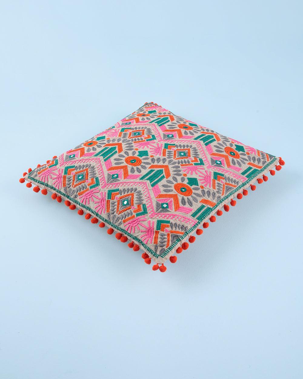 Chumbak Boho Embroidered Pastel Cushion Cover