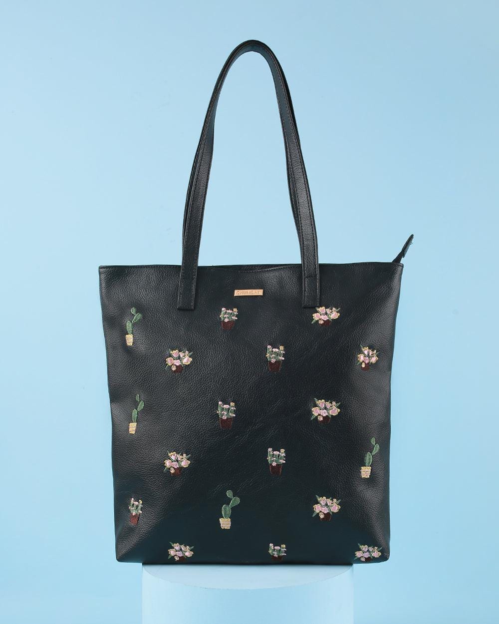 Chumbak Cactus Embroidered Tote Bag - Black