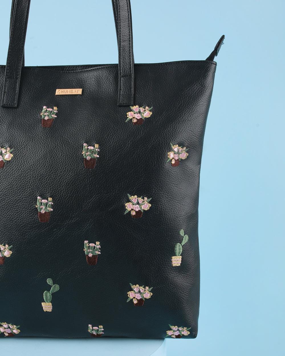 Chumbak Cactus Embroidered Tote Bag - Black