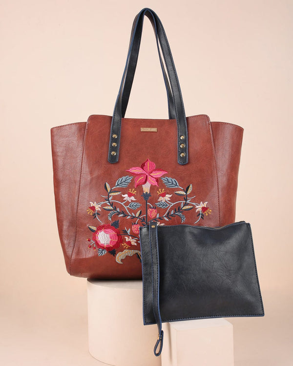Chumbak Orchid Embroidered Tote Bag - Tan
