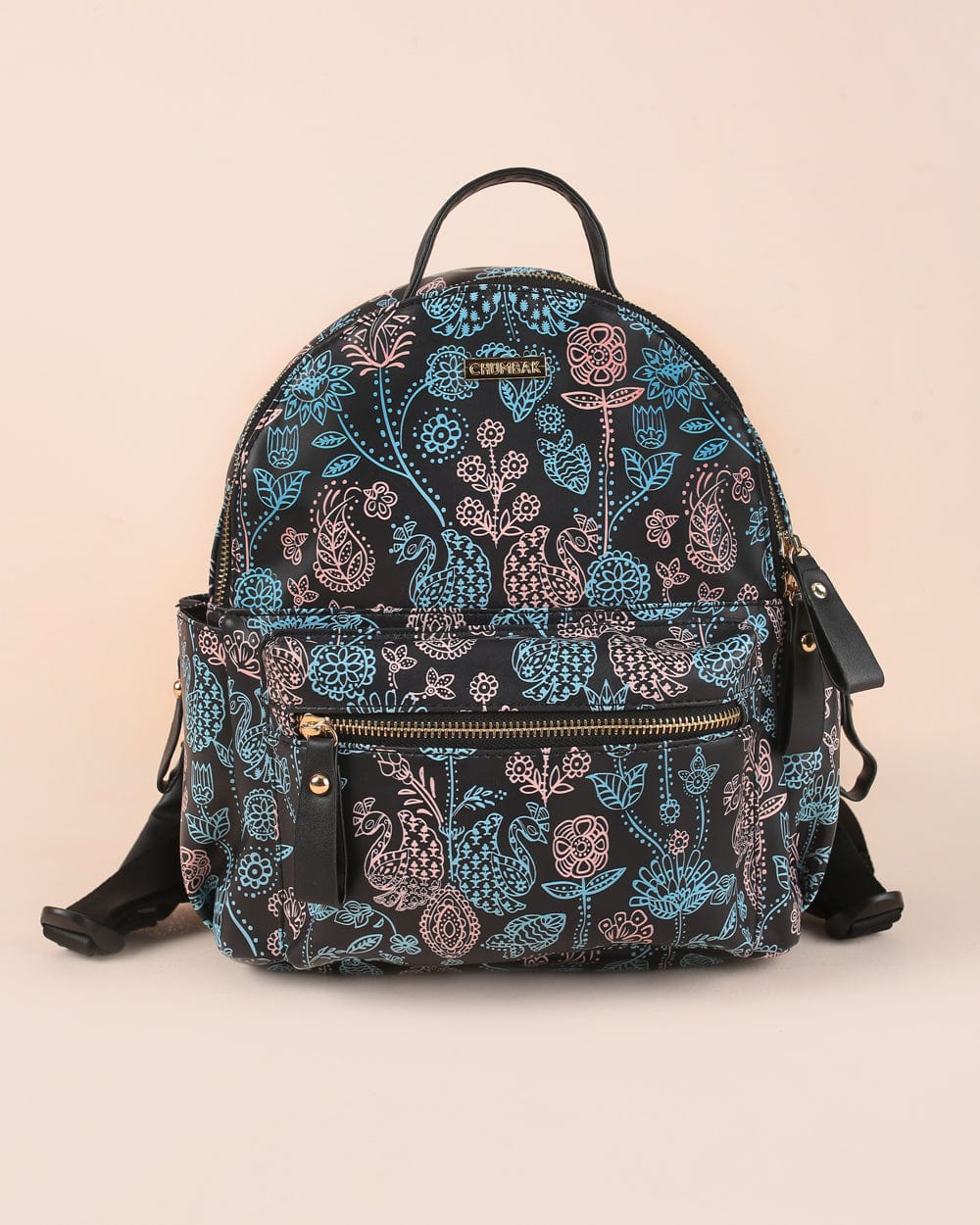 Chumbak Majestic Peacock Printed Backpack - Black