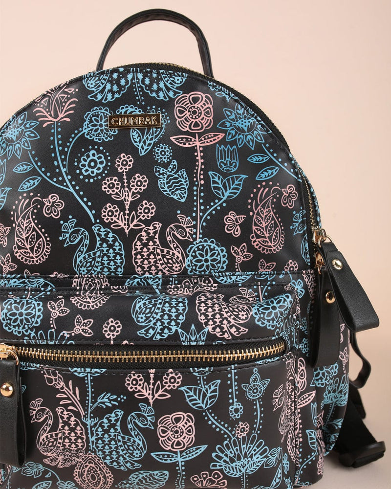 Chumbak Majestic Peacock Printed Backpack - Black