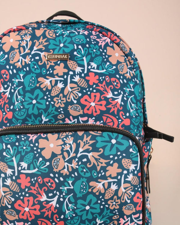 Chumbak Doodled Flowers Backpack - Navy Blue