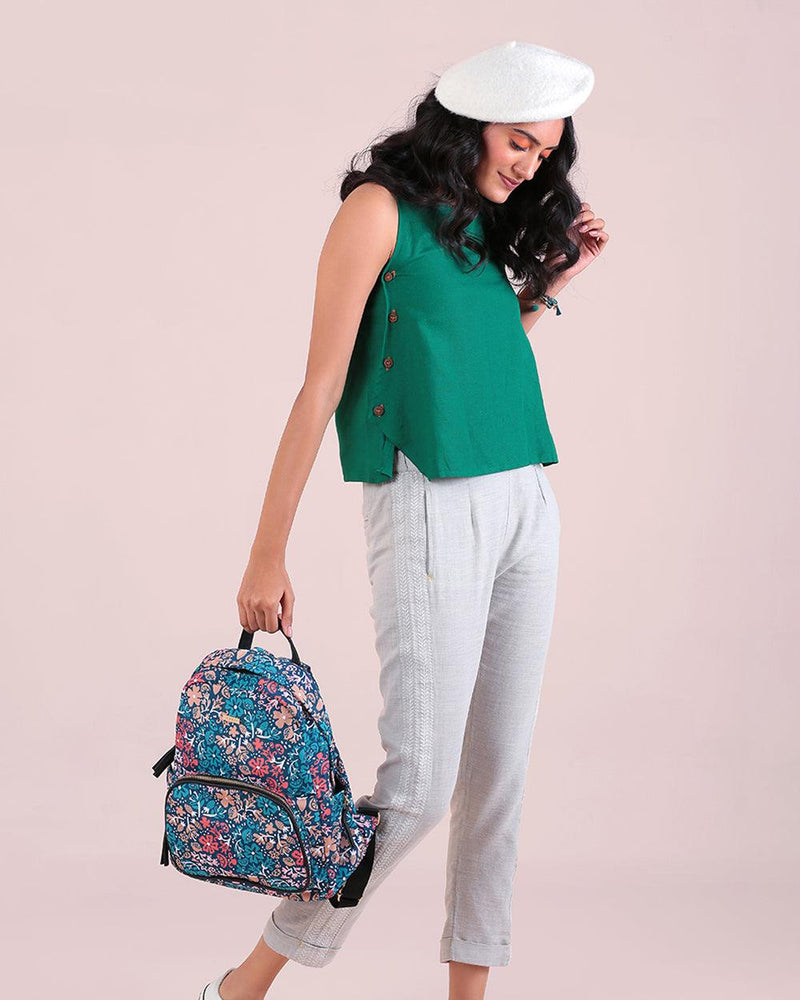 Chumbak Doodled Flowers Backpack - Navy Blue