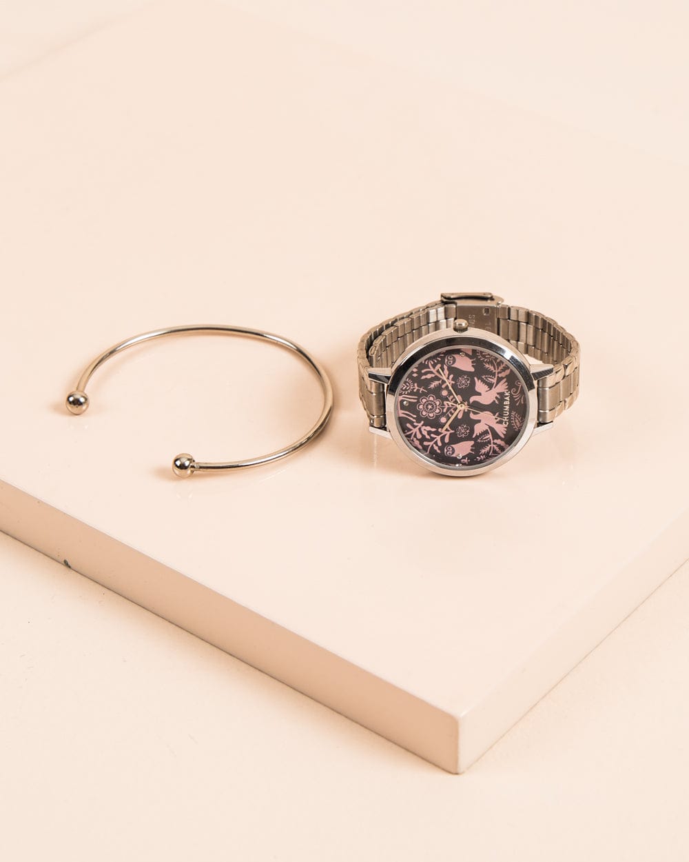 Chumbak Floral Birds Stainless Steel Wrist Watch With Bracelet