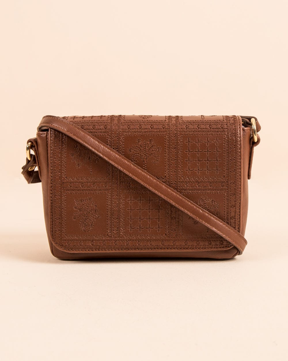 Chumbak Vintage Embroidered Crossbody Bag ' Tan Brown