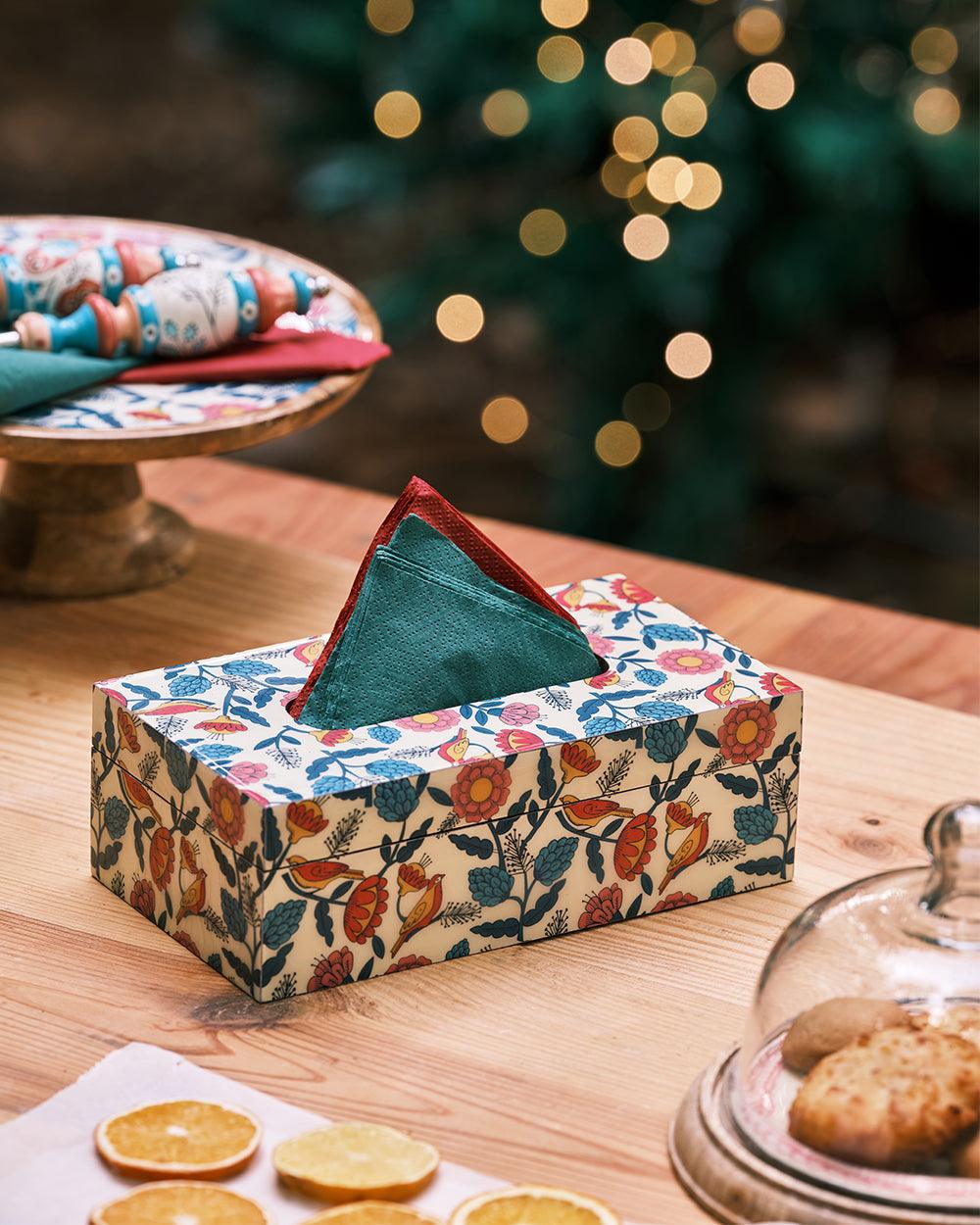 Country Wooden Tissue Box  -  Floral,  9” x 5” x 3”