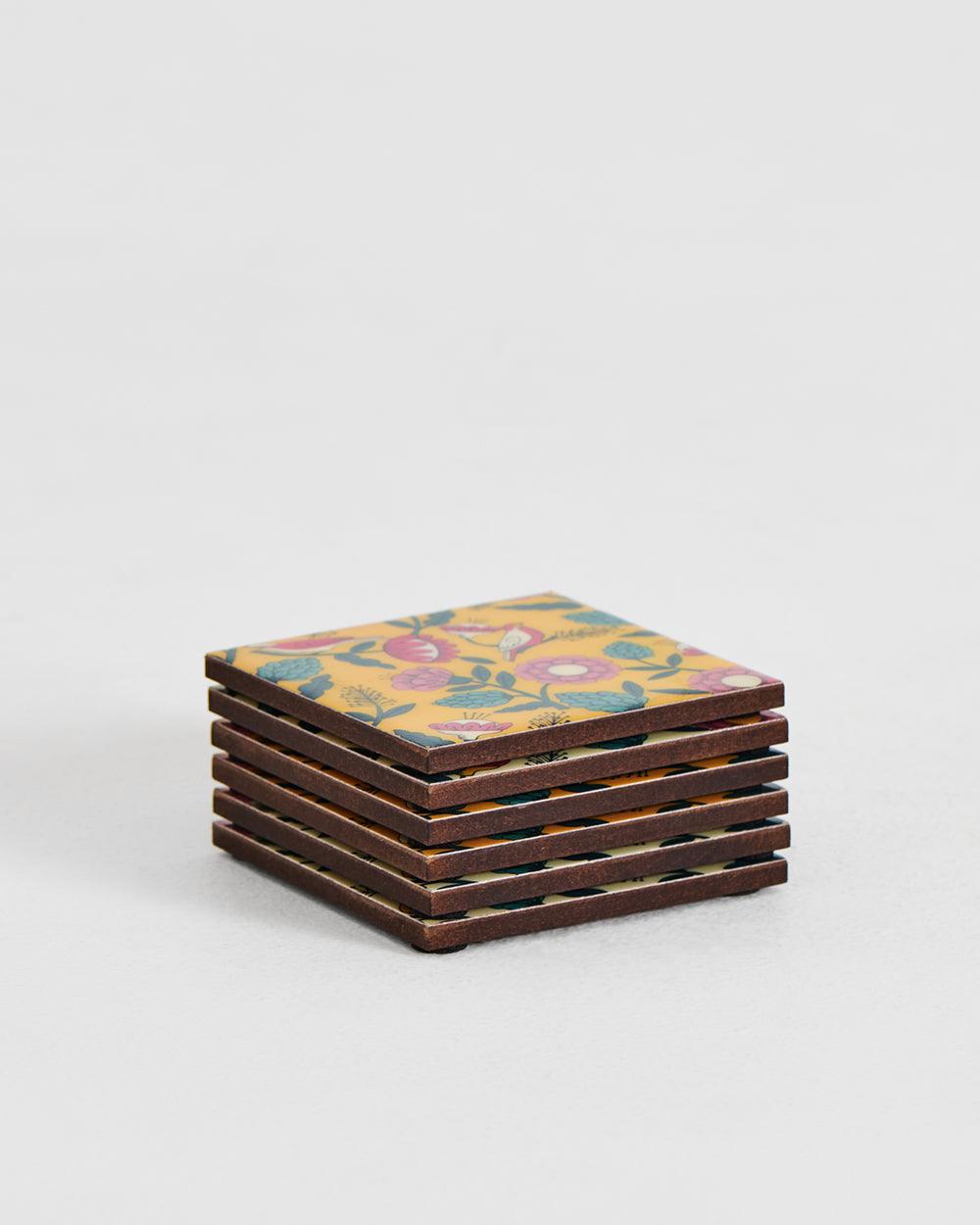 Chumbak Country Wooden Coasters - Set of 6,  4” x 4”