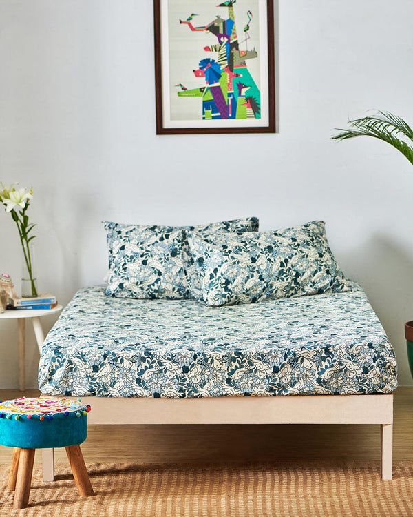 Chumbak TEAL by Chumbak Tokyo Garden Bedsheet - Queen size, 136TC, Green
