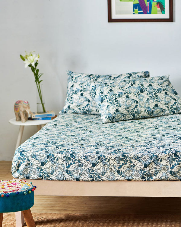 Chumbak TEAL by Chumbak Tokyo Garden Bedsheet - Queen size, 136TC, Green