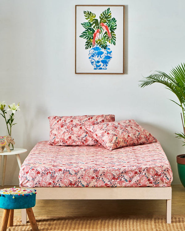 Chumbak TEAL by Chumbak Tokyo Garden Bedsheet - Queen size, 136TC, Pink