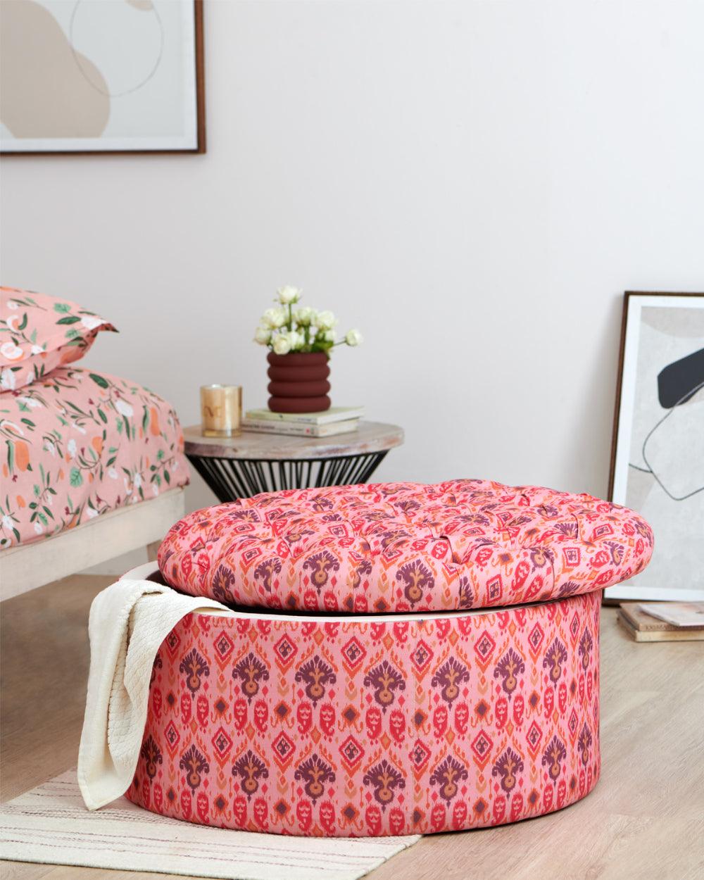 Chumbak Bohemian Storage Ottoman - Pink Ikkat