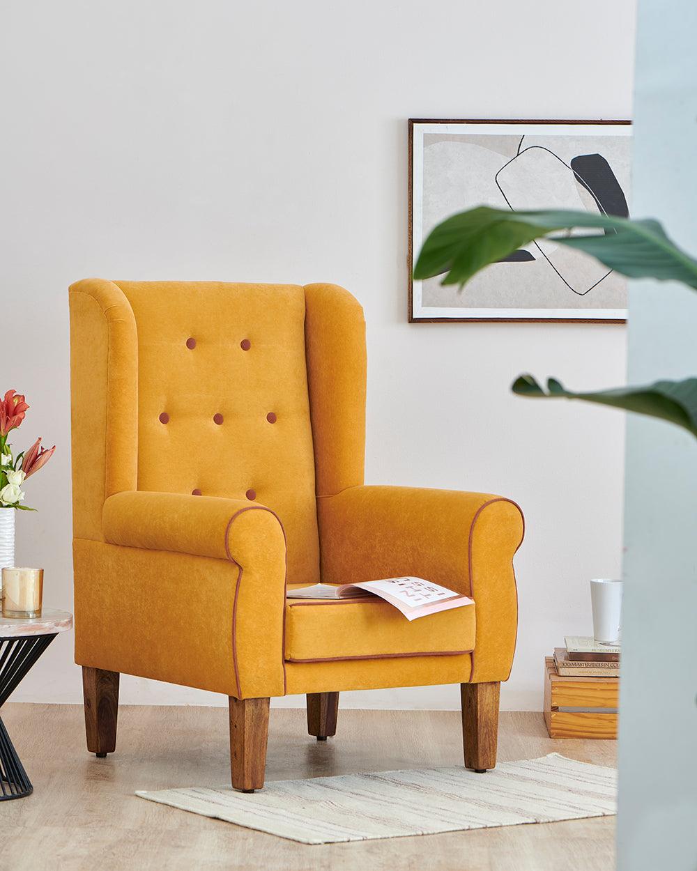 Chumbak Begum Wing Chair Velvet - Mustard