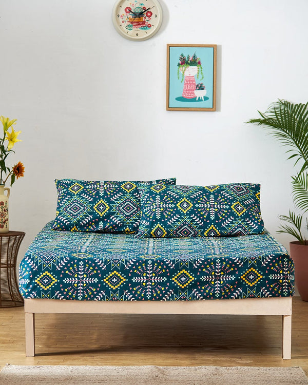 Chumbak TEAL By Chumbak Mexico Aztec Bedsheet Set - Queen, 136TC