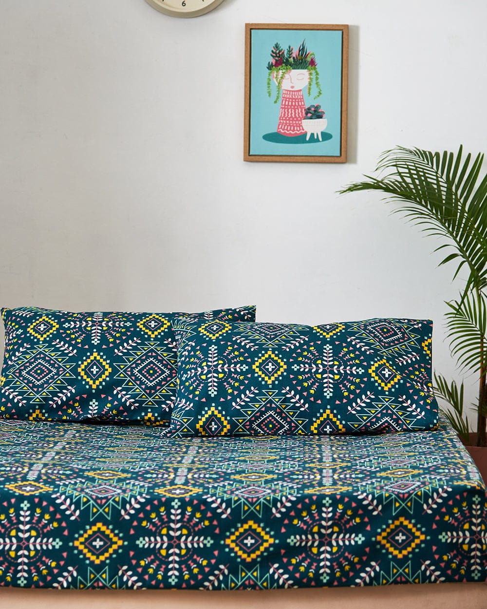 Chumbak TEAL By Chumbak Mexico Aztec Bedsheet Set - Queen, 136TC