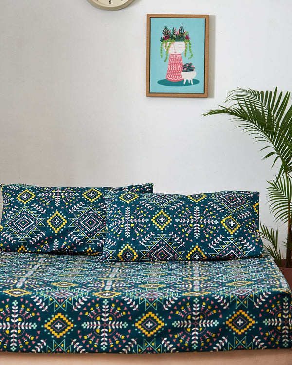 Chumbak TEAL By Chumbak Mexico Aztec Bedsheet Set - Queen, 136TC