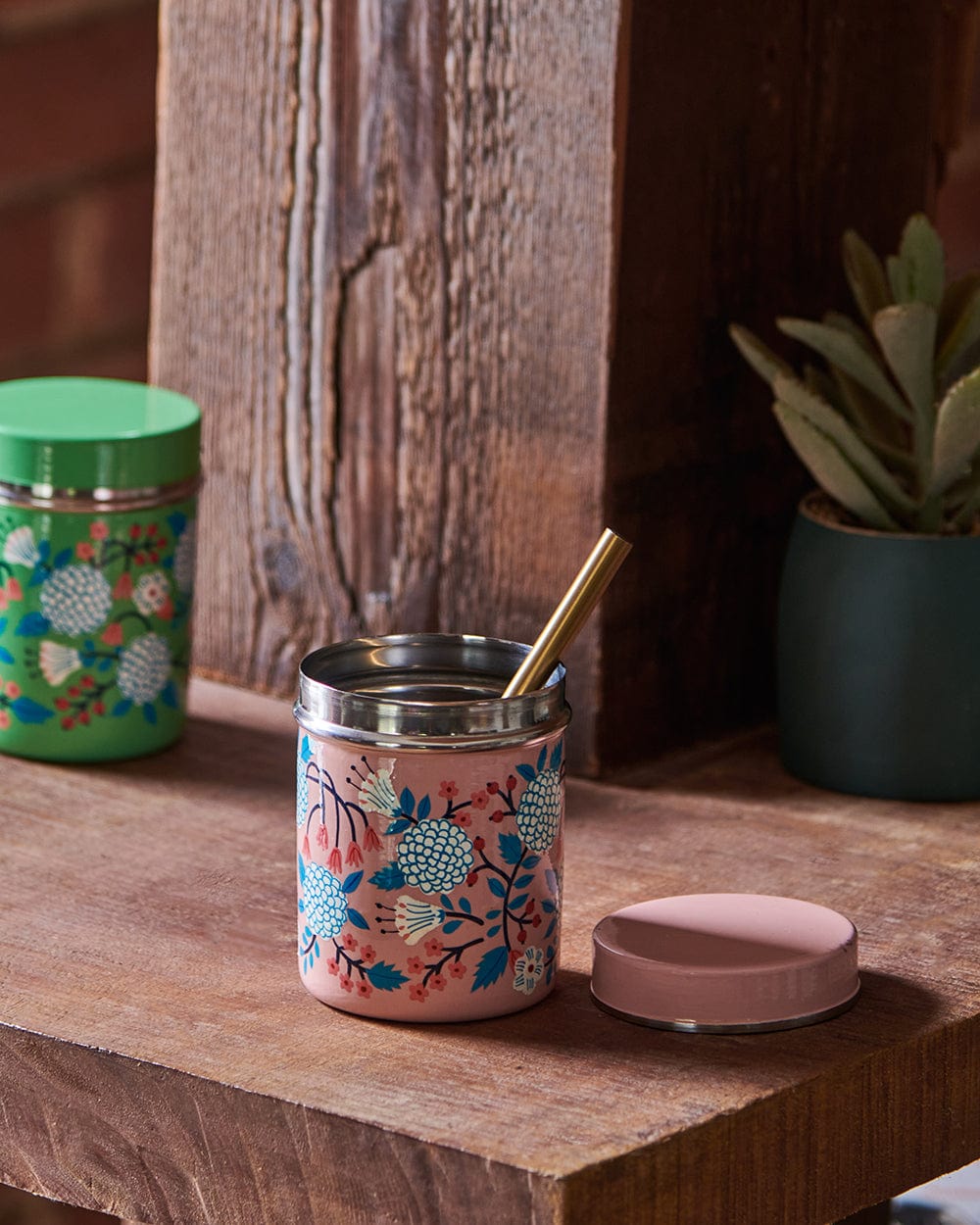 Chumbak Peach Floral steel storage jar