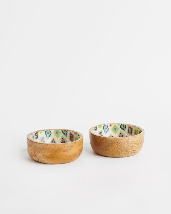 Chumbak Country Wooden Snack Bowls -Ikkat, set of 2, 4” x 1.5”