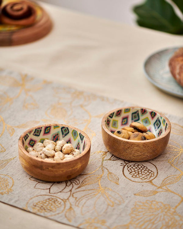 Chumbak Country Wooden Snack Bowls -Ikkat, set of 2, 4” x 1.5”