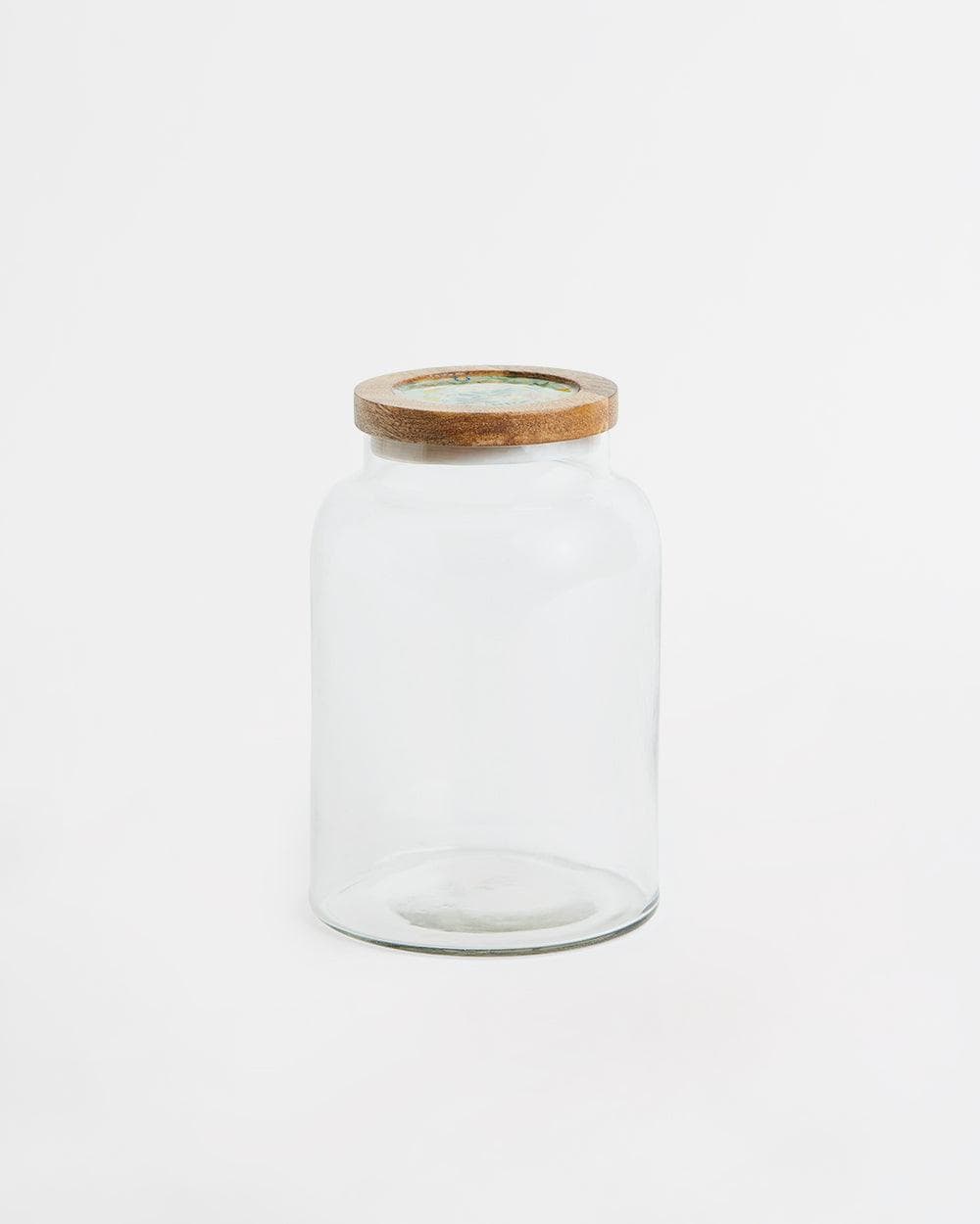 Chumbak Country Glass Jar with Wooden Lid Farm Garden, Green, 5X5X6”