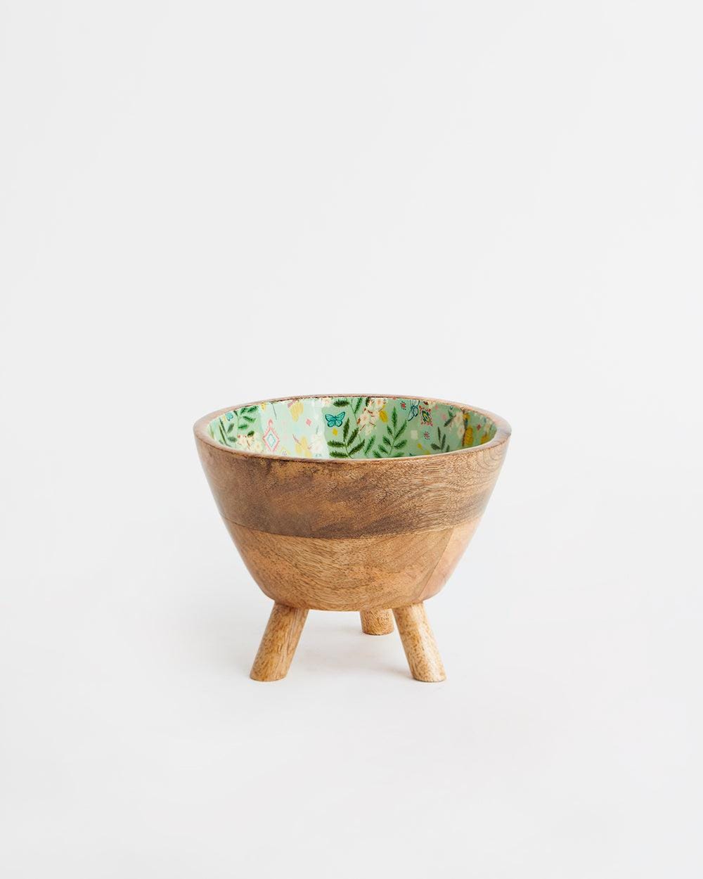 Chumbak Country Wooden Pedestal Bowl - Farm Garden, Green, 5” x 5” x 3.5”