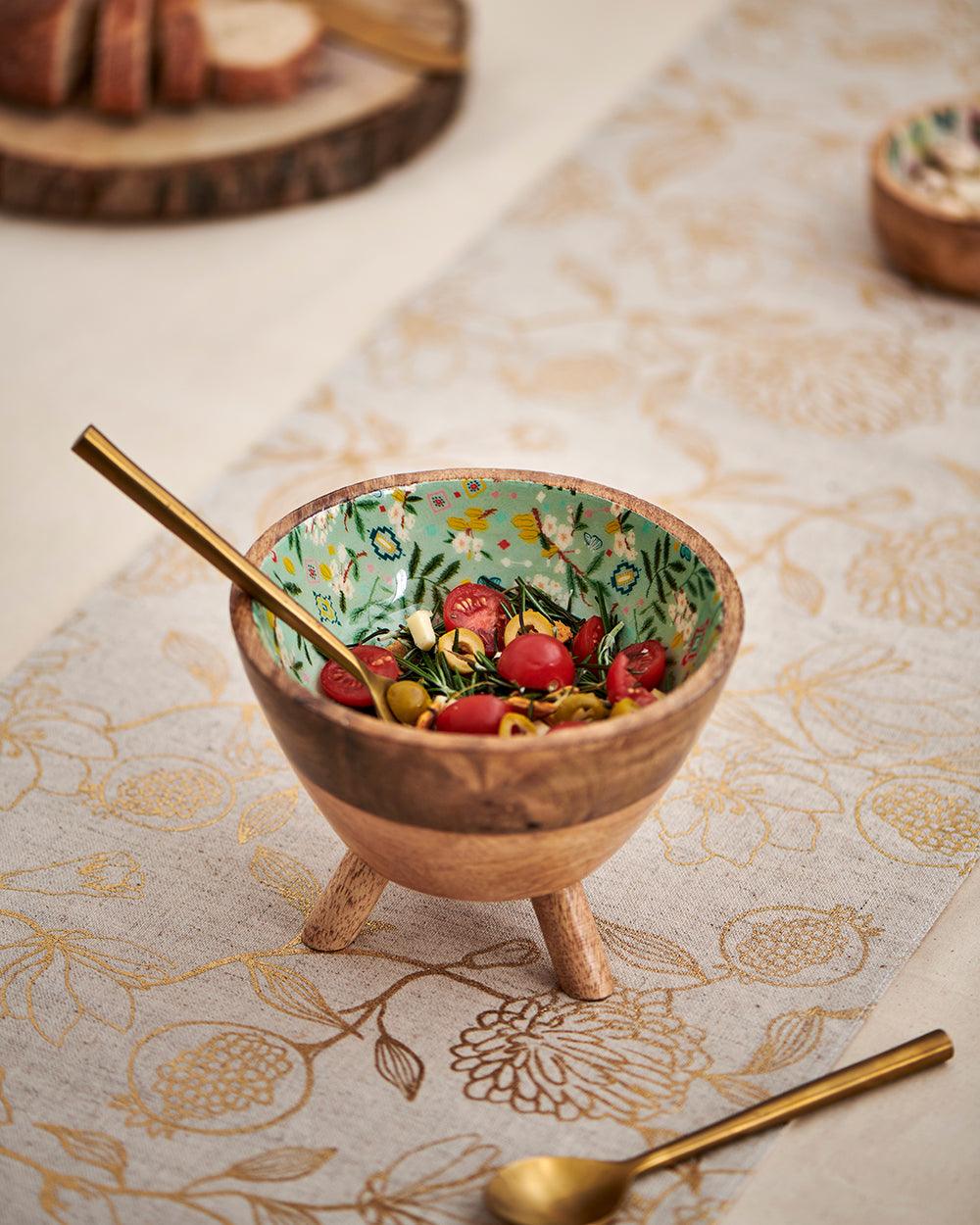 Chumbak Country Wooden Pedestal Bowl - Farm Garden, Green, 5” x 5” x 3.5”