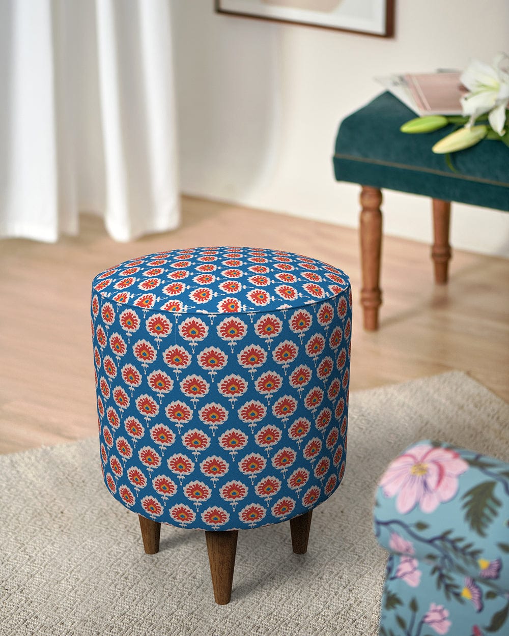 Chumbak French Pouffe - Blue Ikkat