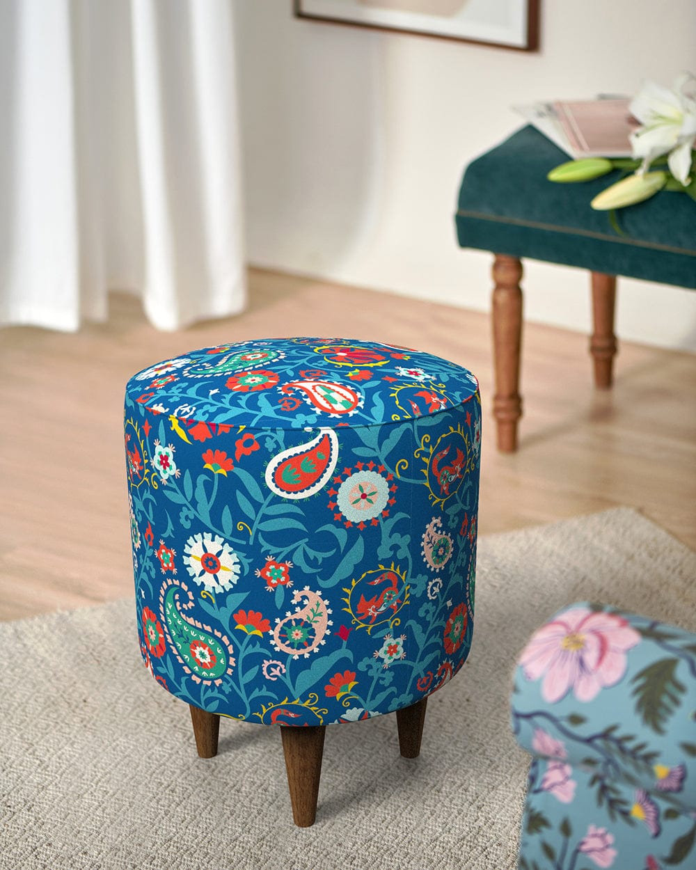 French Pouffe - India Paisleys Blue