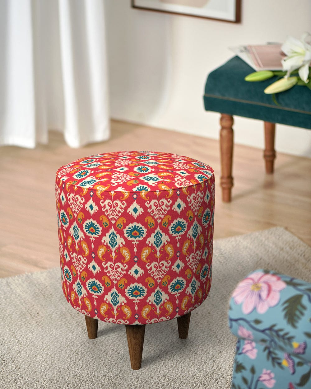 French Pouffe - Red Ikkat