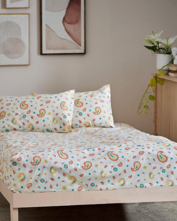 Chumbak TEAL by Chumbak Cypress Paisleys Double Bedsheet Queen size, 136TC, Ivory