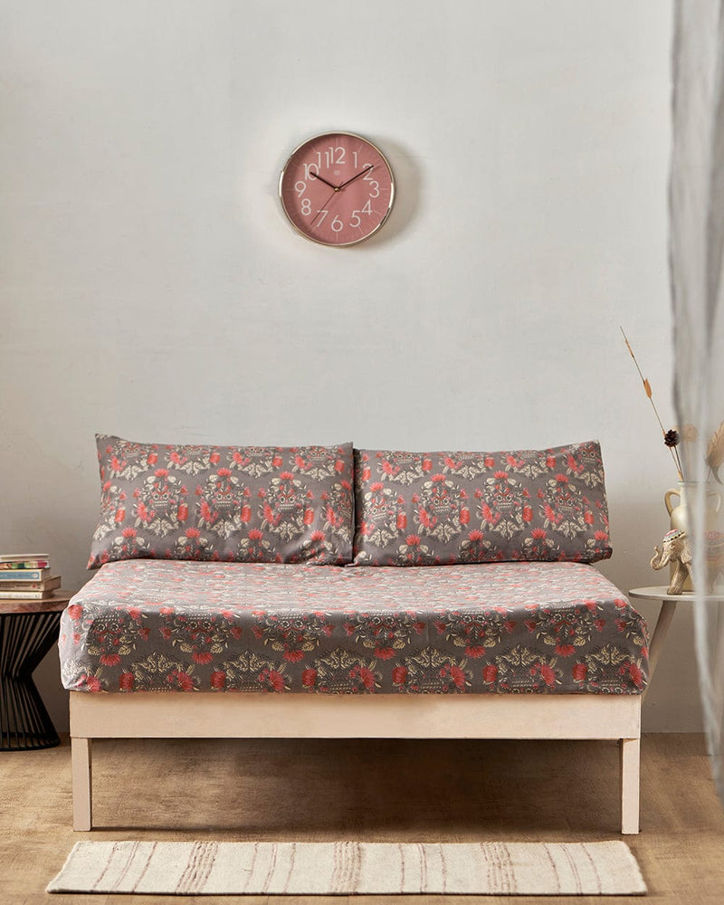 Chumbak TEAL by Chumbak Conifer Woods Owl bedsheet- Queen size, 136TC,Grey