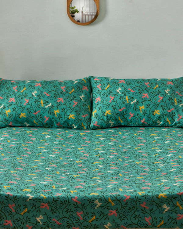 Chumbak TEAL by Chumbak Columbian Birds bedsheet- Queen size, 136TC,Teal