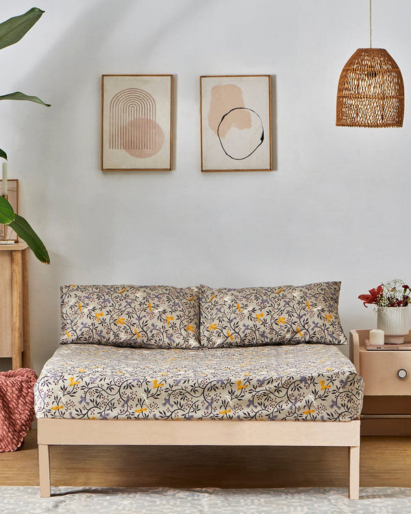 Chumbak TEAL by Chumbak Columbian Birds bedsheet- Queen size, 136TC, Grey