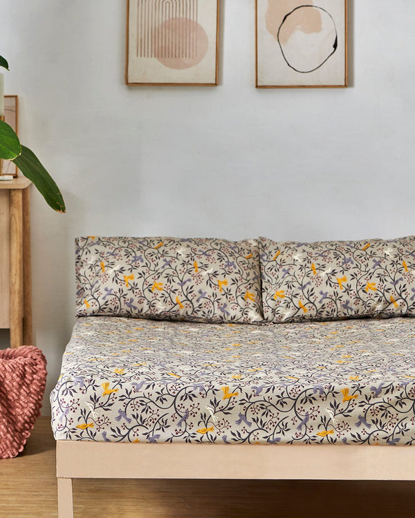 Chumbak TEAL by Chumbak Columbian Birds bedsheet- Queen size, 136TC, Grey