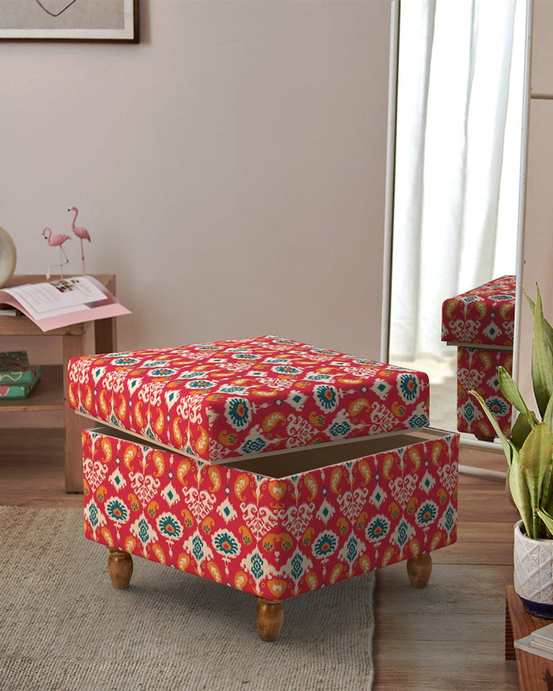 Chumbak Modern Trunk Storage Ottoman - Red Ikkat