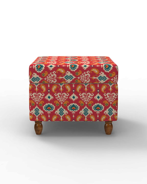 Chumbak Modern Trunk Storage Ottoman - Red Ikkat