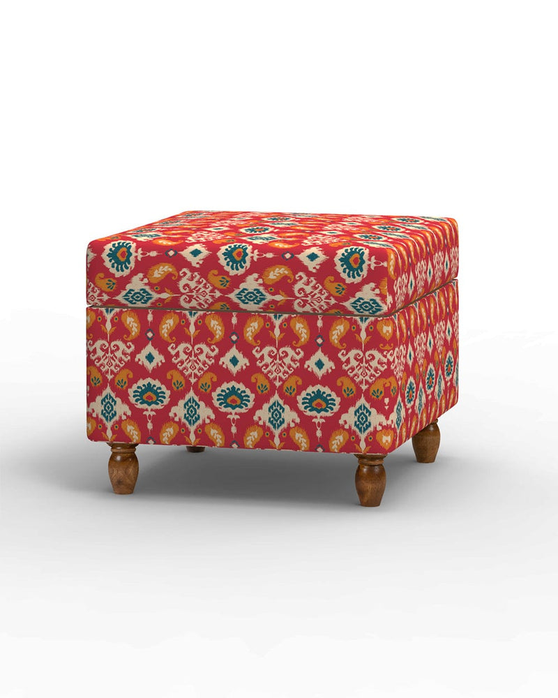 Chumbak Modern Trunk Storage Ottoman - Red Ikkat