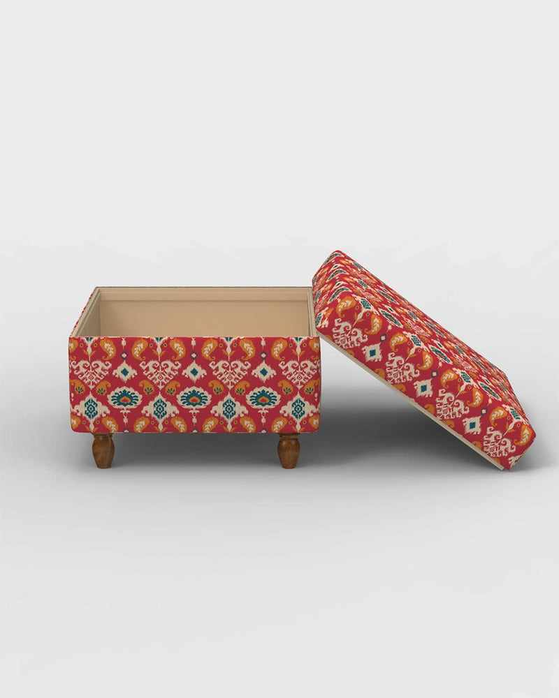 Chumbak Modern Trunk Storage Ottoman - Red Ikkat
