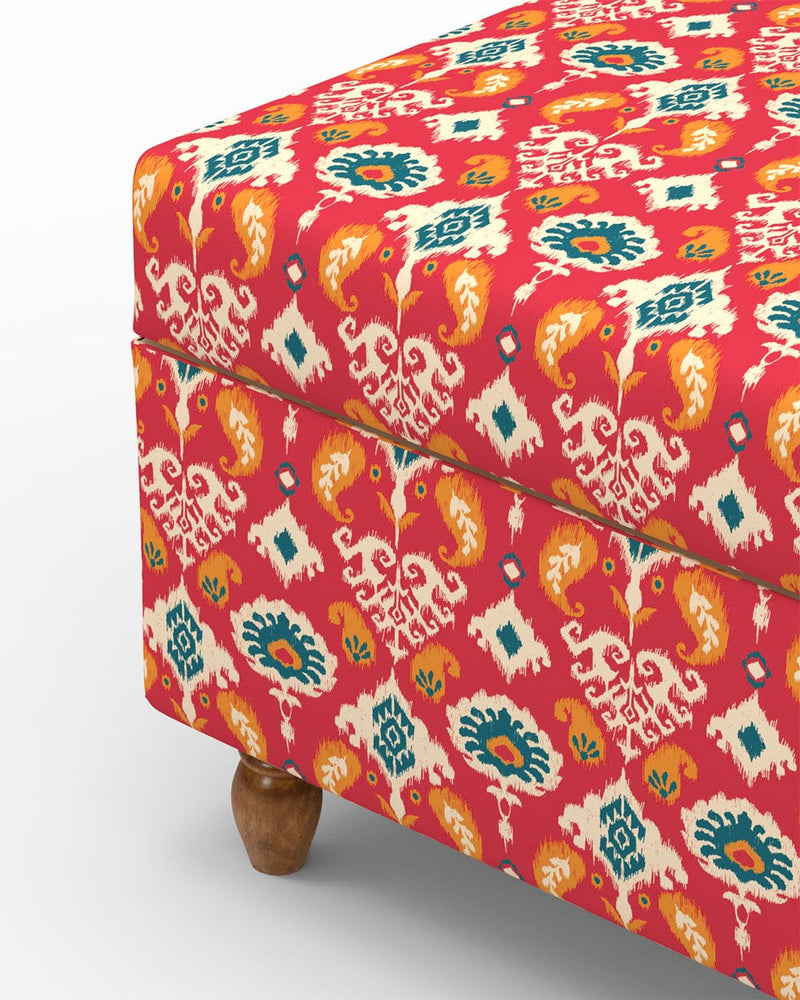 Chumbak Modern Trunk Storage Ottoman - Red Ikkat